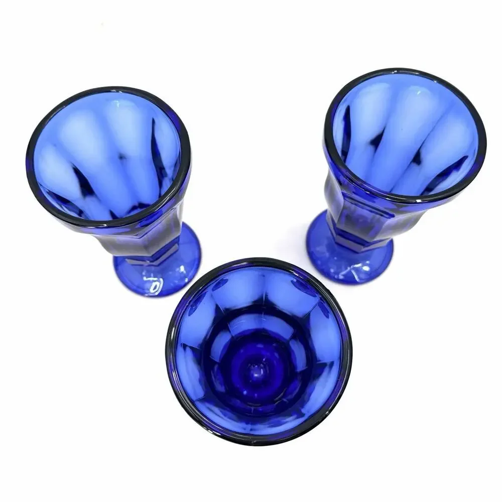 Vintage Set of 3 Cobalt Blue Retro Milkshake Parfait Fountain Glasses